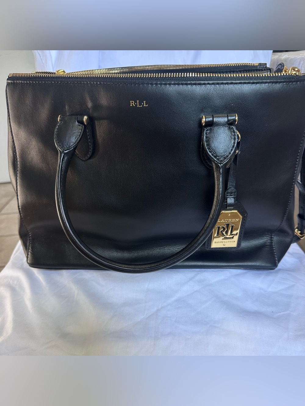 Lauren Ralph Lauren Black Leather Bag with Gold Hardware Tag